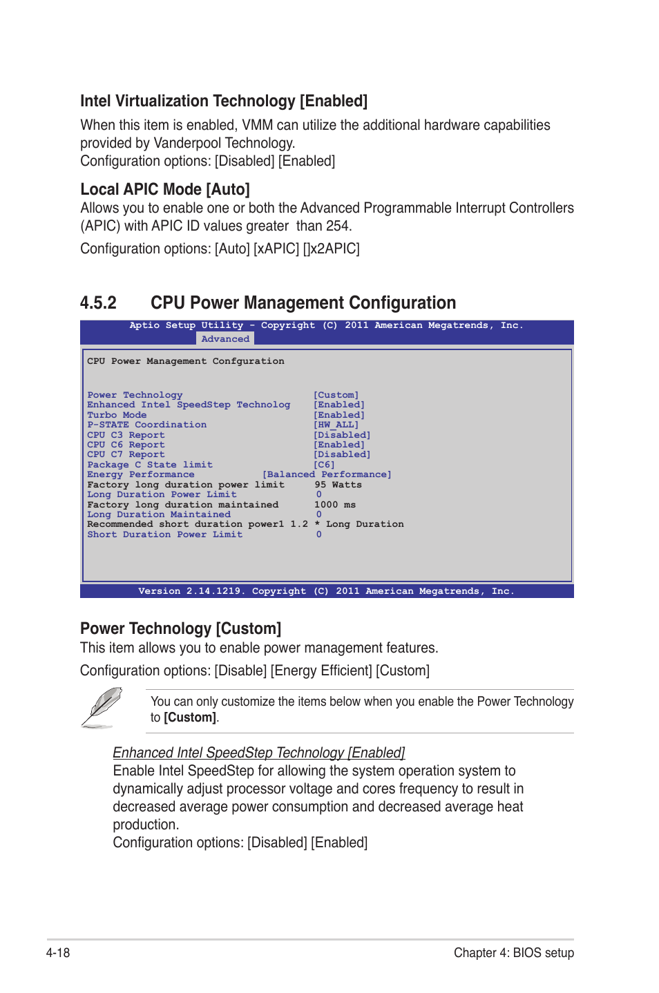 2 cpu power management configuration, Cpu power management configuration -18, Power technology [custom | Local apic mode [auto, Intel virtualization technology [enabled | Asus Z9PE-D8 WS User Manual | Page 86 / 226