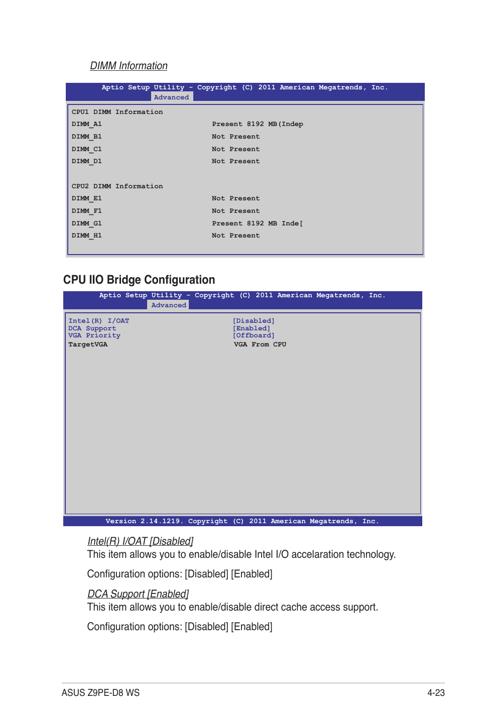 Cpu iio bridge configuration, Dimm information | Asus Z9PE-D8 WS User Manual | Page 91 / 226