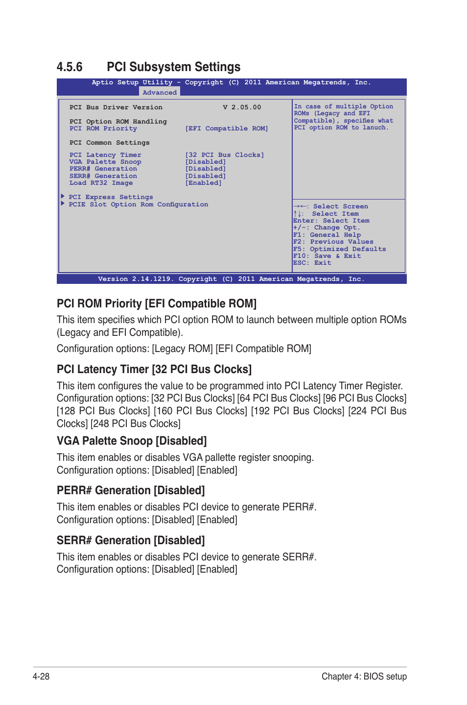 6 pci subsystem settings, Pci subsystem settings -28, Pci rom priority [efi compatible rom | Pci latency timer [32 pci bus clocks, Vga palette snoop [disabled, Perr# generation [disabled, Serr# generation [disabled | Asus Z9PE-D8 WS User Manual | Page 96 / 226