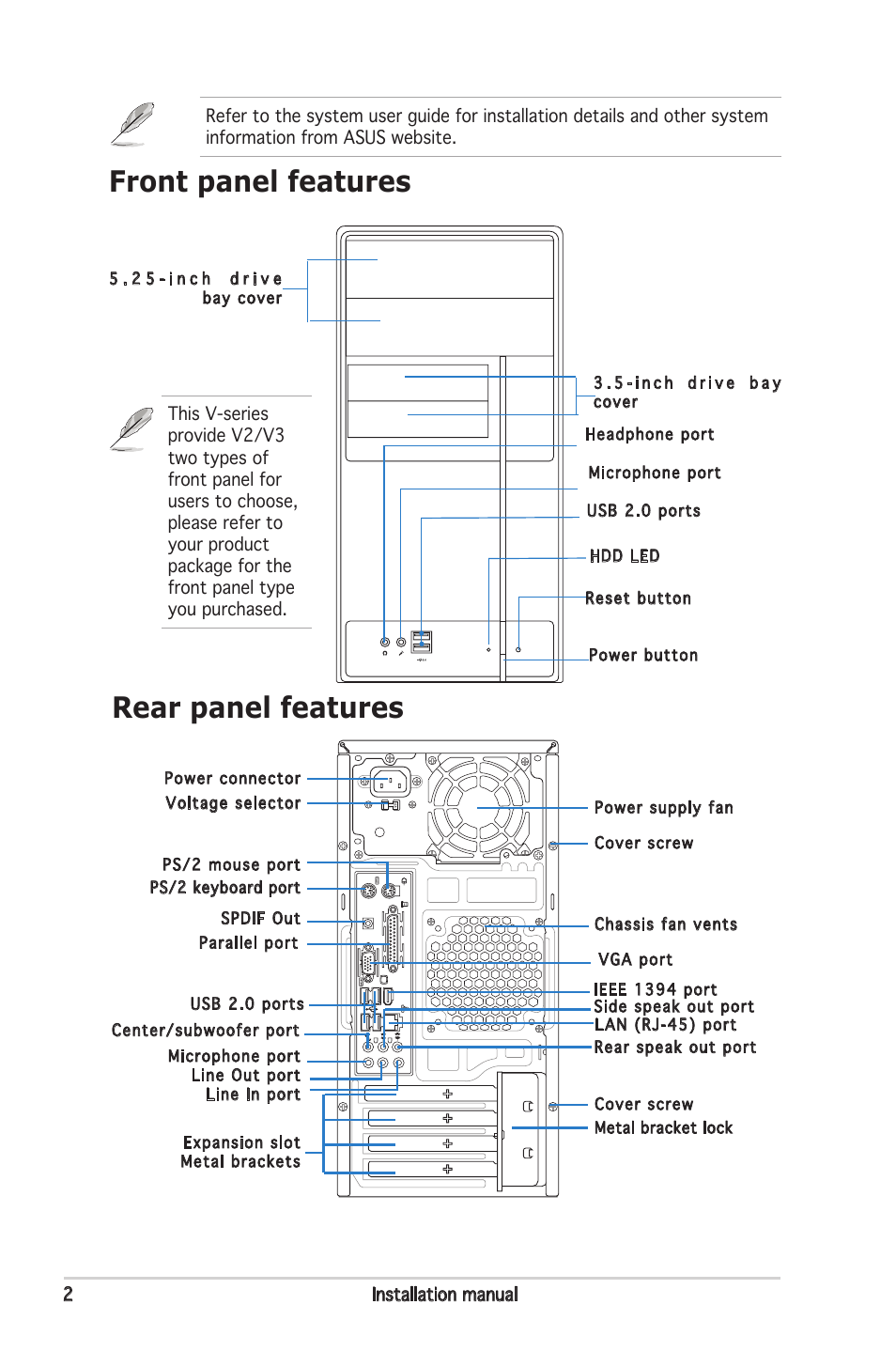 Rear panel features, Front panel features | Asus M2NC61S User Manual | Page 2 / 8