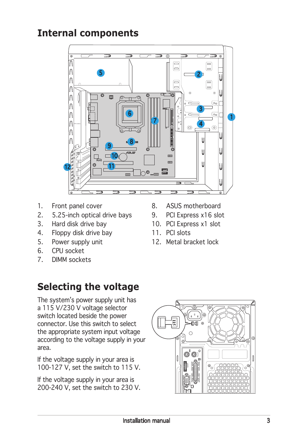 Internal components, Selecting the voltage | Asus M2NC61S User Manual | Page 3 / 8