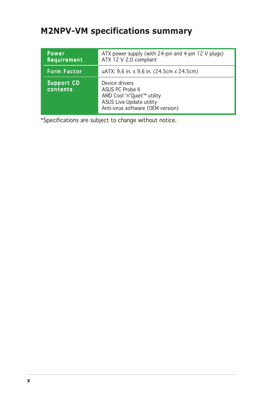 M2npv-vm specifications summary | Asus M2NPV-VM User Manual | Page 10 / 96
