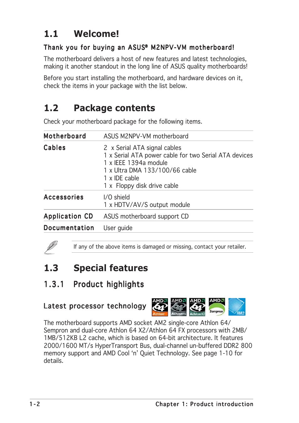 1 welcome, 2 package contents, 3 special features | Asus M2NPV-VM User Manual | Page 12 / 96