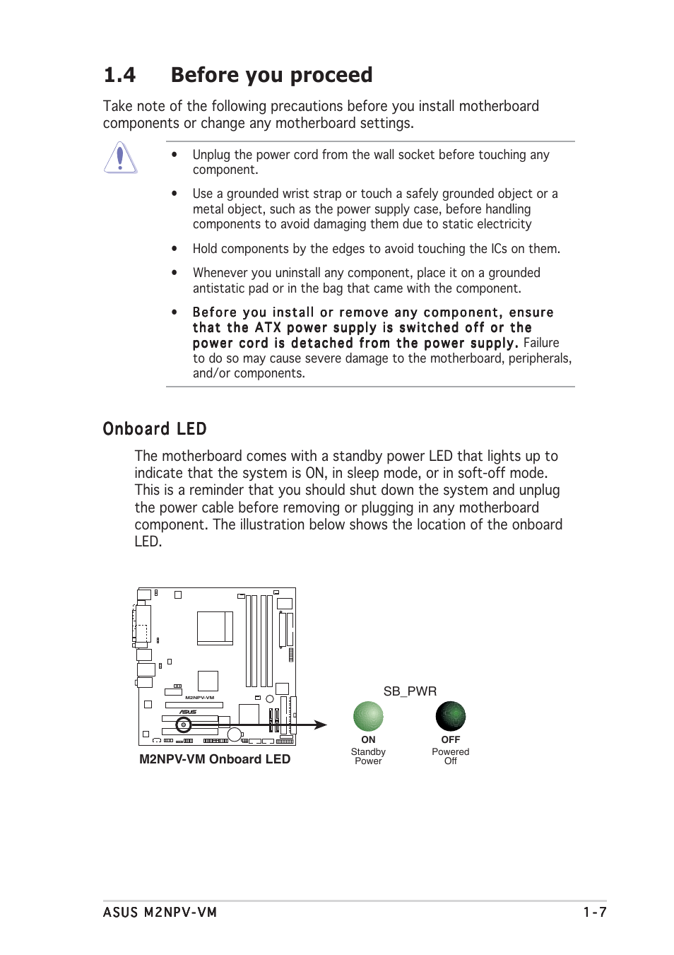 4 before you proceed, Onboard led | Asus M2NPV-VM User Manual | Page 17 / 96