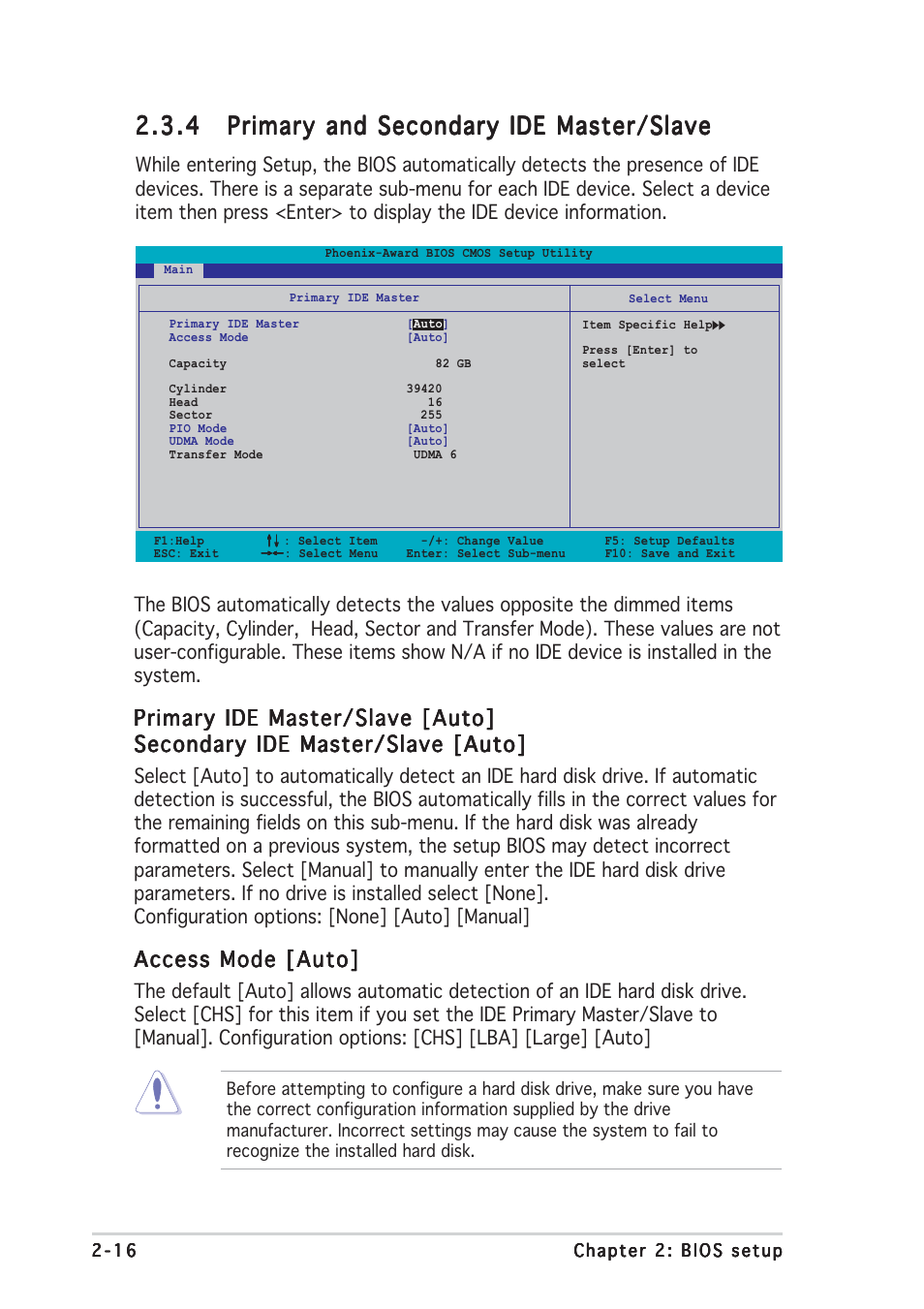 Primary ide master/slave [auto, Access mode [auto | Asus M2NPV-VM User Manual | Page 60 / 96