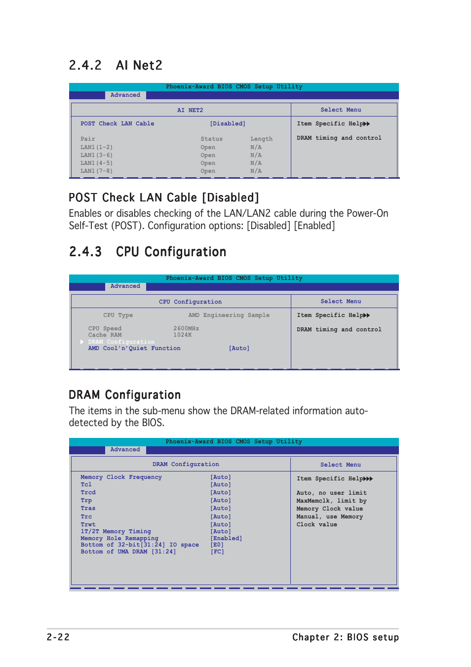 Post check lan cable [disabled, Dram configuration | Asus M2NPV-VM User Manual | Page 66 / 96