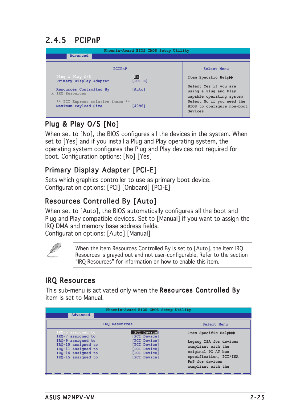 5 pcipnp pcipnp pcipnp pcipnp pcipnp, Plug & play o/s [no, Primary display adapter [pci-e | Resources controlled by [auto, Irq resources | Asus M2NPV-VM User Manual | Page 69 / 96