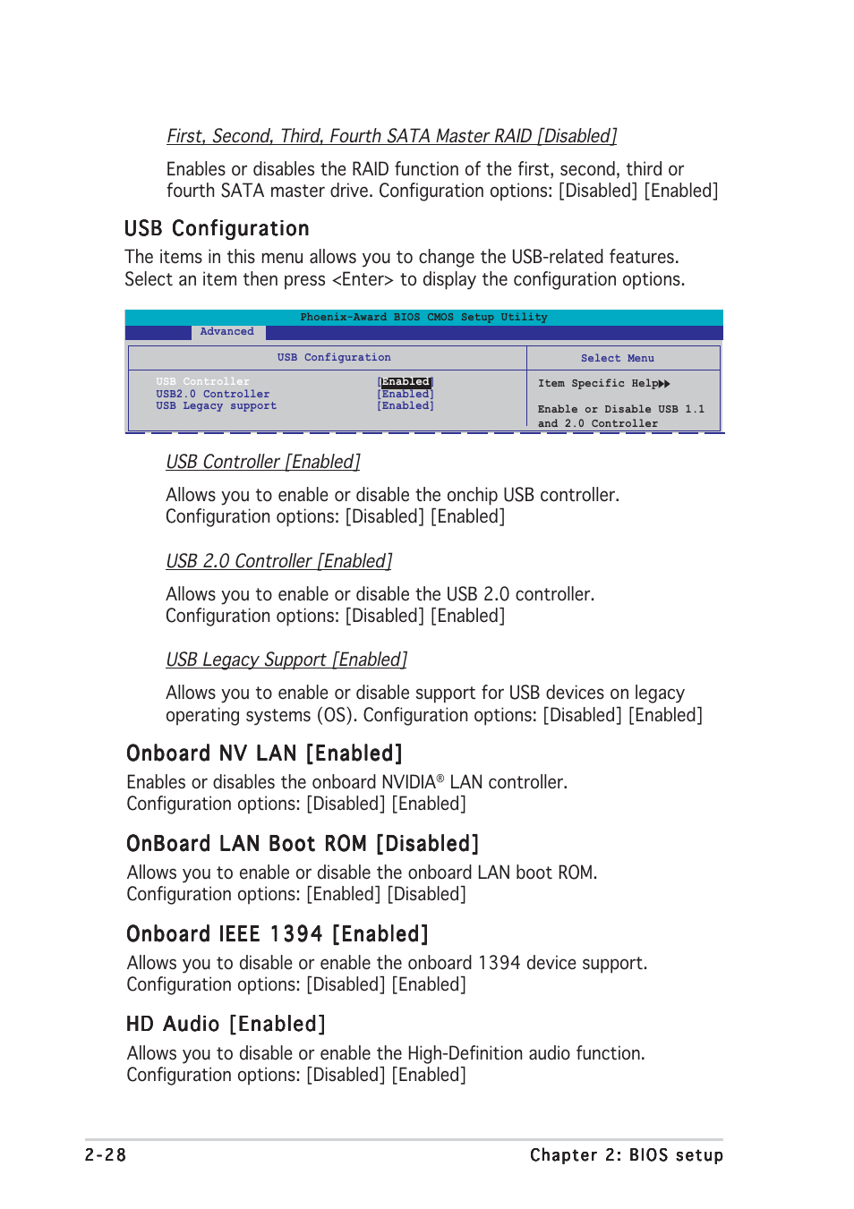 Onboard nv lan [enabled, Onboard lan boot rom [disabled, Onboard ieee 1394 [enabled | Hd audio [enabled, Usb configuration | Asus M2NPV-VM User Manual | Page 72 / 96