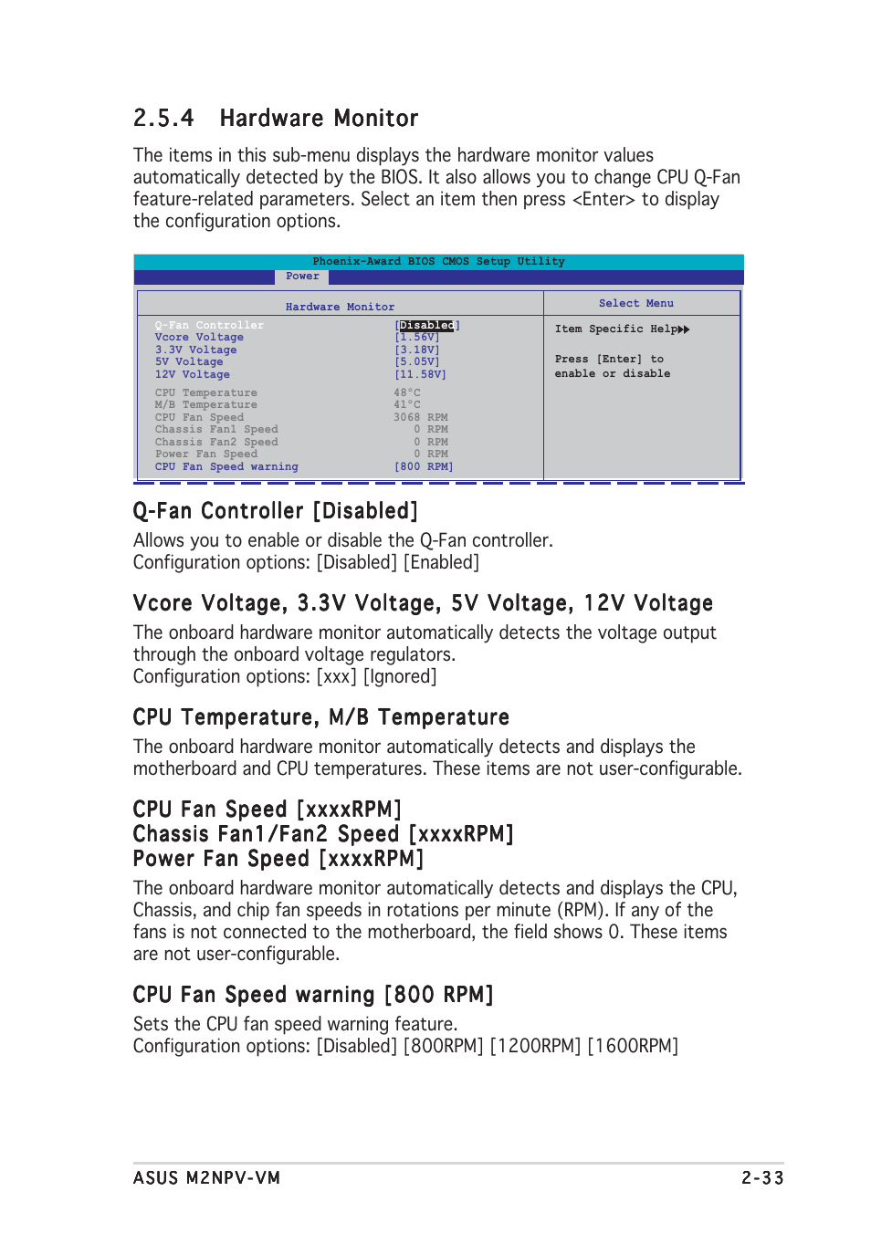 Q-fan controller [disabled, Cpu temperature, m/b temperature, Cpu fan speed warning [800 rpm | Asus M2NPV-VM User Manual | Page 77 / 96