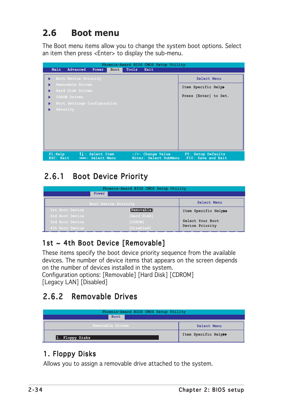 6 boot menu, 1st ~ 4th boot device [removable, Floppy disks | Asus M2NPV-VM User Manual | Page 78 / 96