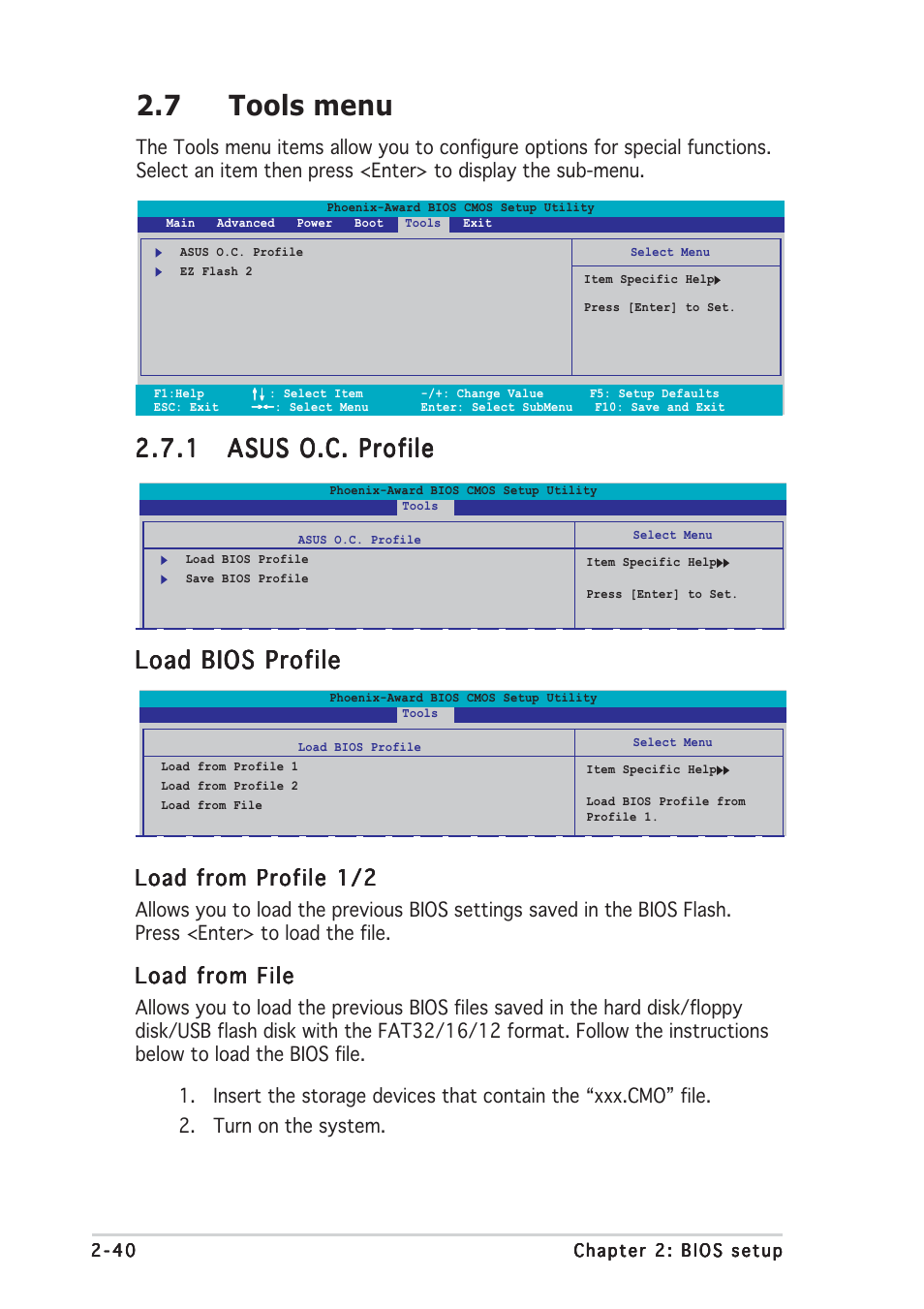 7 tools menu, Load bios profile, Load from profile 1/2 | Load from file | Asus M2NPV-VM User Manual | Page 84 / 96