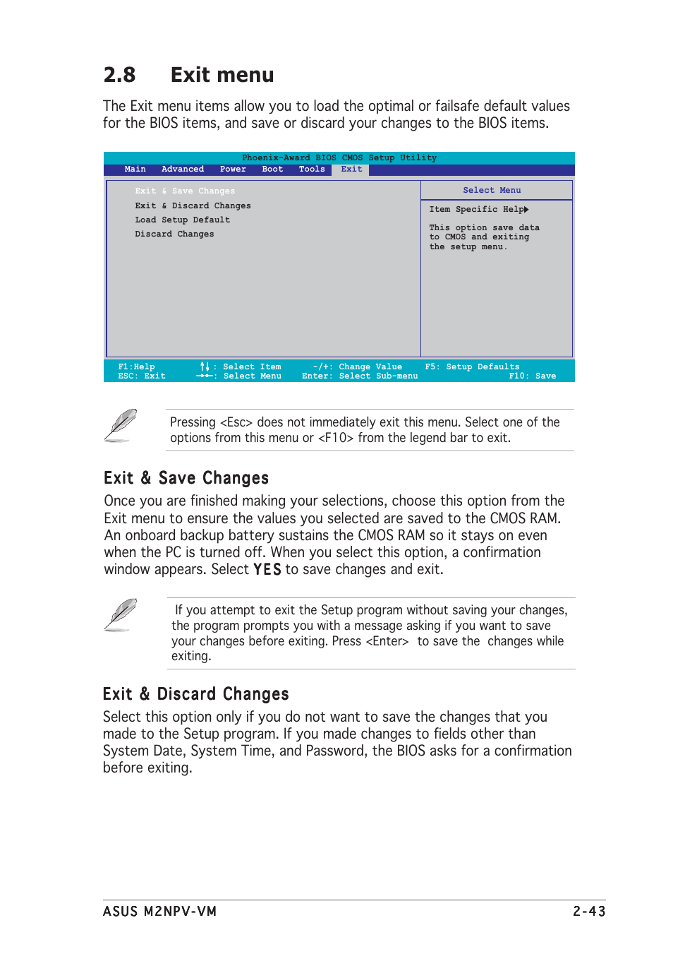 8 exit menu, Exit & save changes, Exit & discard changes | Asus M2NPV-VM User Manual | Page 87 / 96