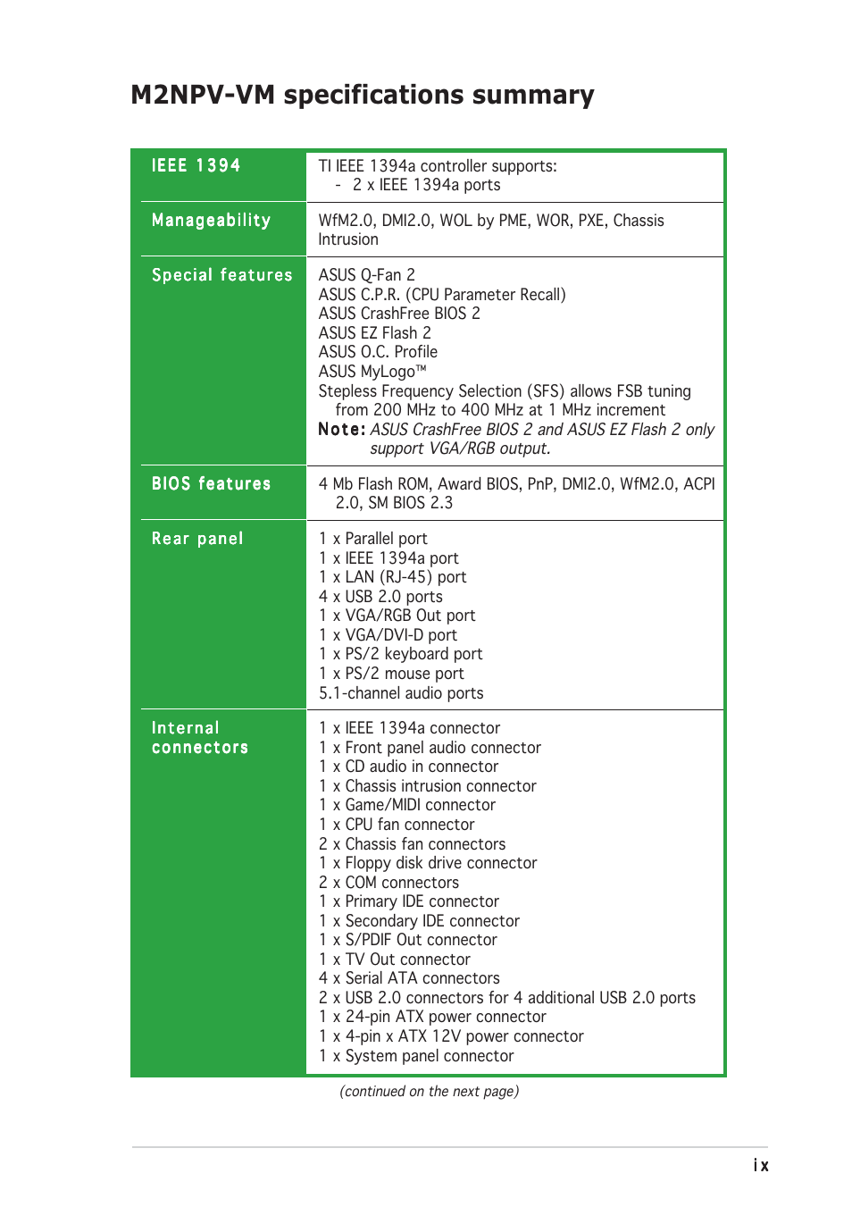 M2npv-vm specifications summary | Asus M2NPV-VM User Manual | Page 9 / 96