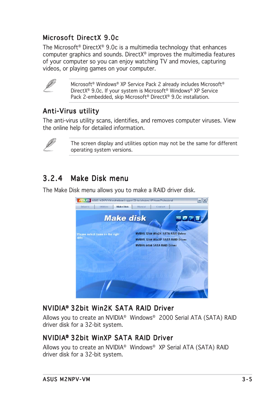 Microsoft directx 9.0c, Anti-virus utility, Nvidia | 32bit win2k sata raid driver, 32bit winxp sata raid driver | Asus M2NPV-VM User Manual | Page 93 / 96