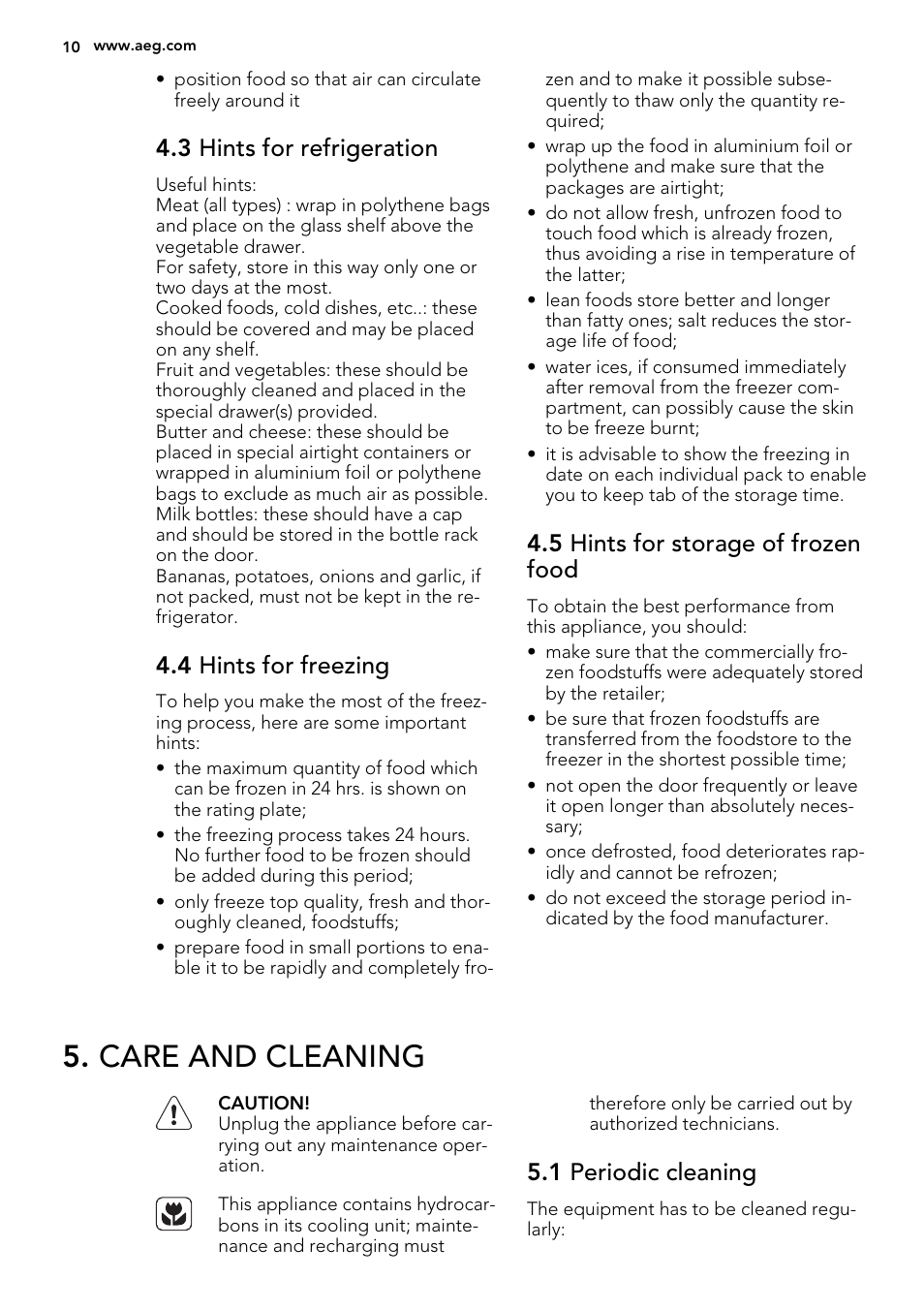 Care and cleaning, 3 hints for refrigeration, 4 hints for freezing | 5 hints for storage of frozen food, 1 periodic cleaning | AEG SKD81800F0 User Manual | Page 10 / 72