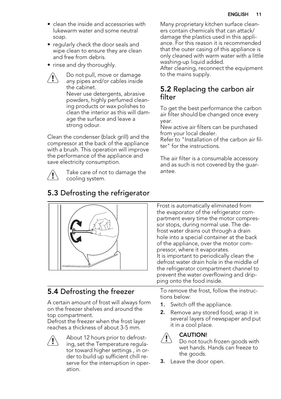 2 replacing the carbon air filter, 3 defrosting the refrigerator, 4 defrosting the freezer | AEG SKD81800F0 User Manual | Page 11 / 72