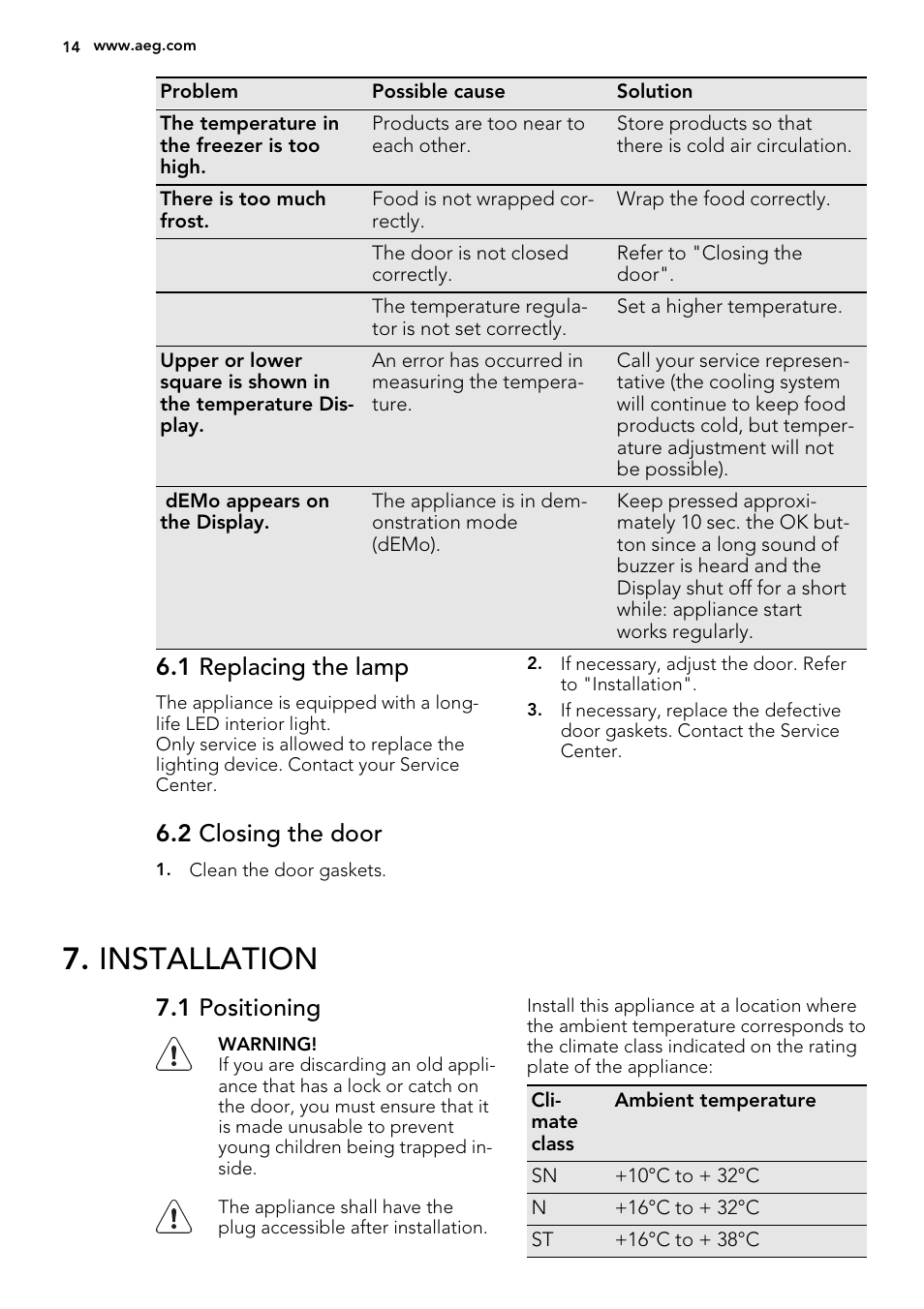 Installation, 1 replacing the lamp, 2 closing the door | 1 positioning | AEG SKD81800F0 User Manual | Page 14 / 72