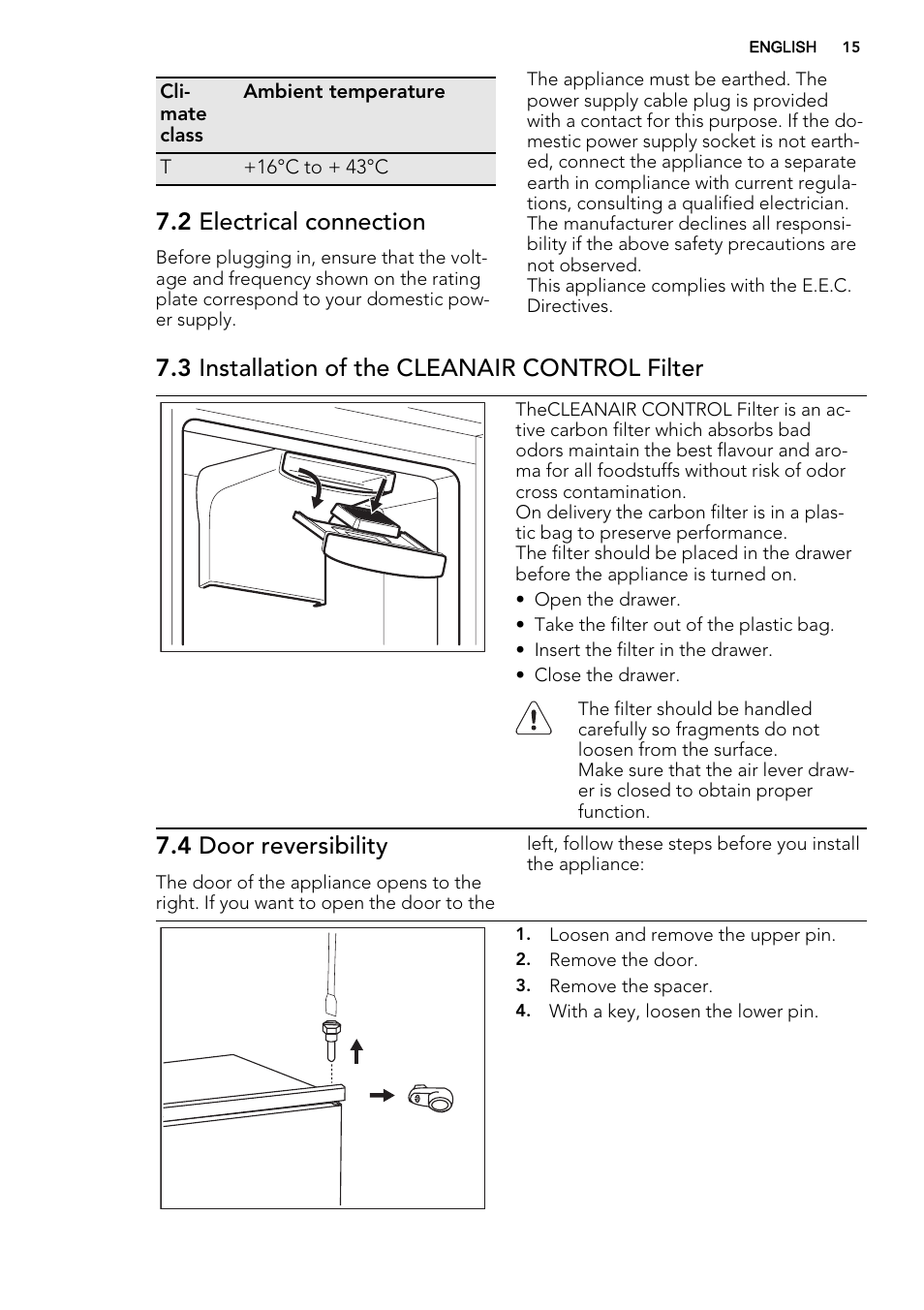 2 electrical connection, 3 installation of the cleanair control filter, 4 door reversibility | AEG SKD81800F0 User Manual | Page 15 / 72