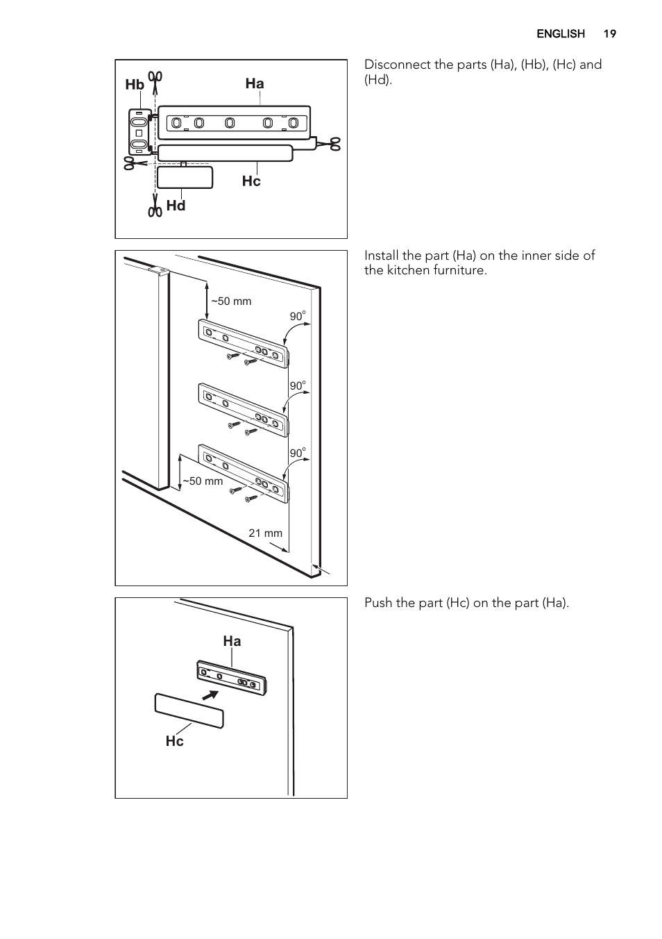 Ha hc, Disconnect the parts (ha), (hb), (hc) and (hd), Push the part (hc) on the part (ha) | AEG SKD81800F0 User Manual | Page 19 / 72