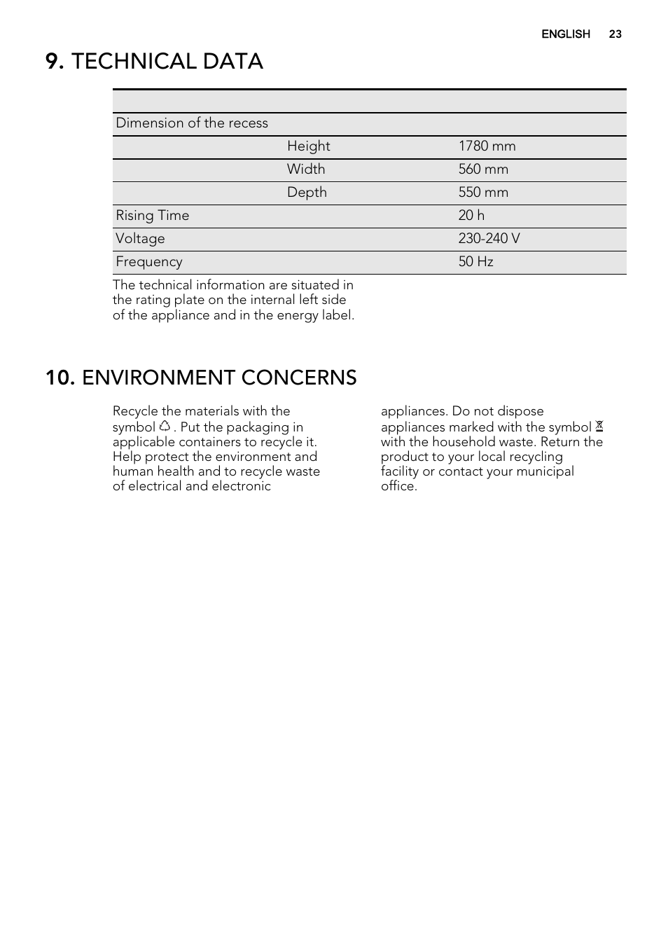 Technical data, Environment concerns | AEG SKD81800F0 User Manual | Page 23 / 72