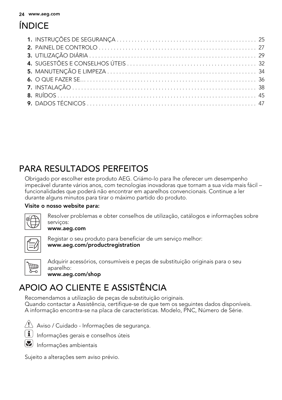Índice, Para resultados perfeitos, Apoio ao cliente e assistência | AEG SKD81800F0 User Manual | Page 24 / 72