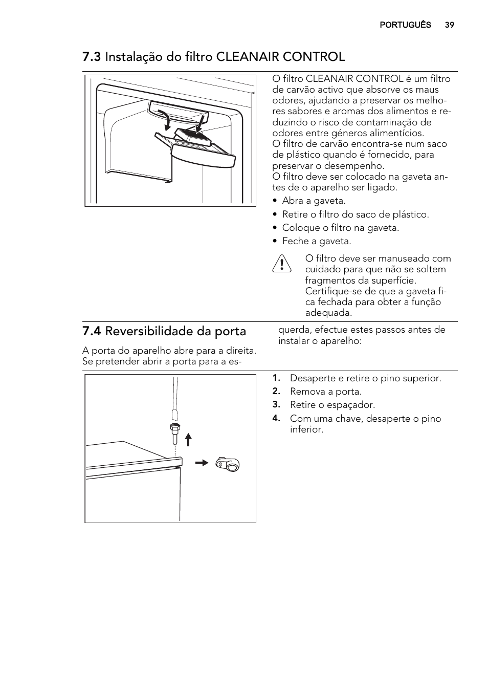 3 instalação do filtro cleanair control, 4 reversibilidade da porta | AEG SKD81800F0 User Manual | Page 39 / 72