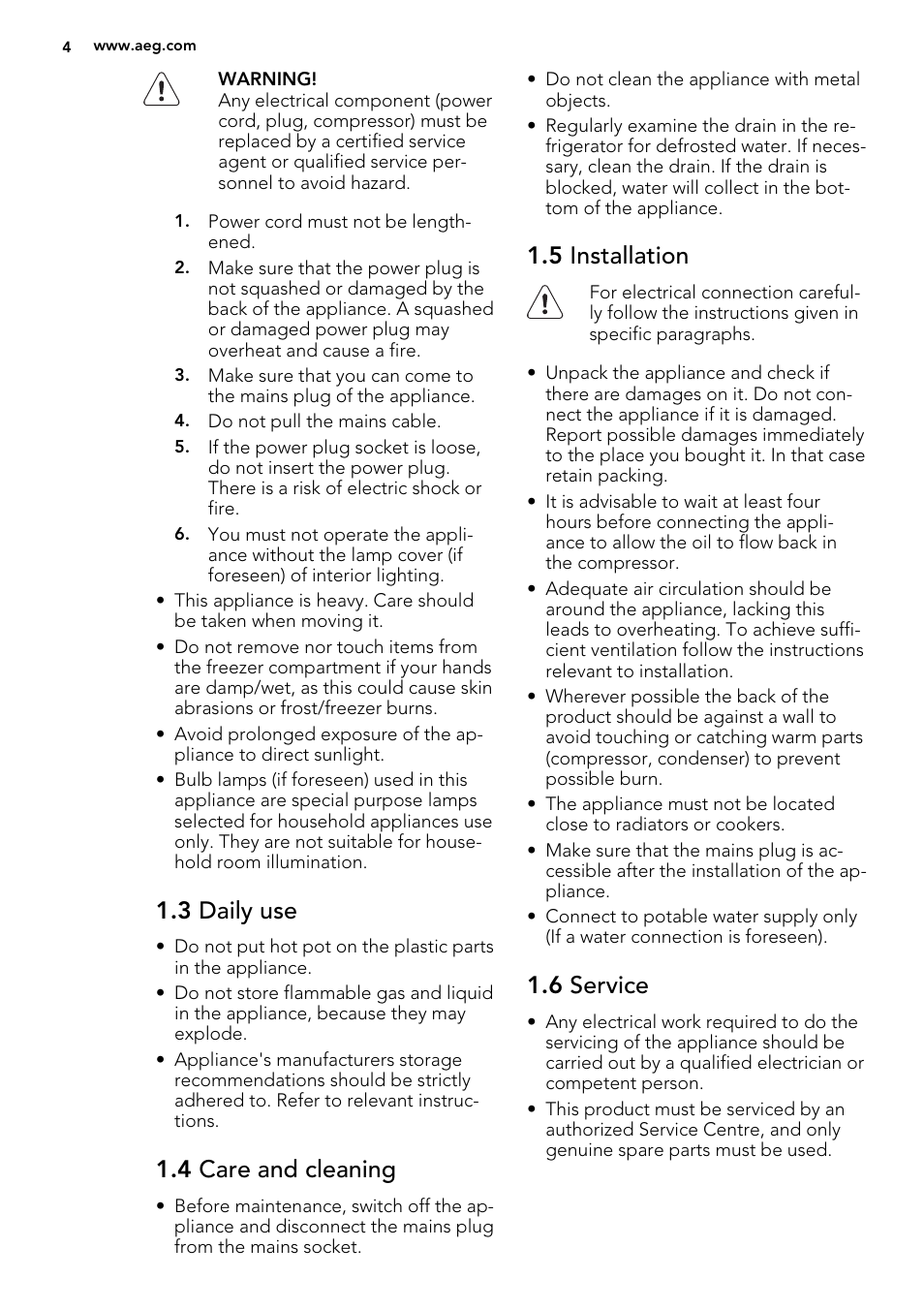 3 daily use, 4 care and cleaning, 5 installation | 6 service | AEG SKD81800F0 User Manual | Page 4 / 72
