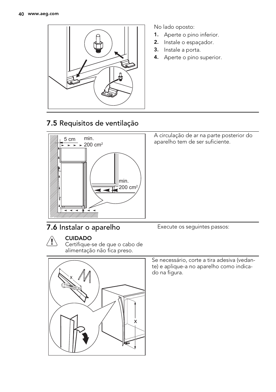 5 requisitos de ventilação, 6 instalar o aparelho | AEG SKD81800F0 User Manual | Page 40 / 72