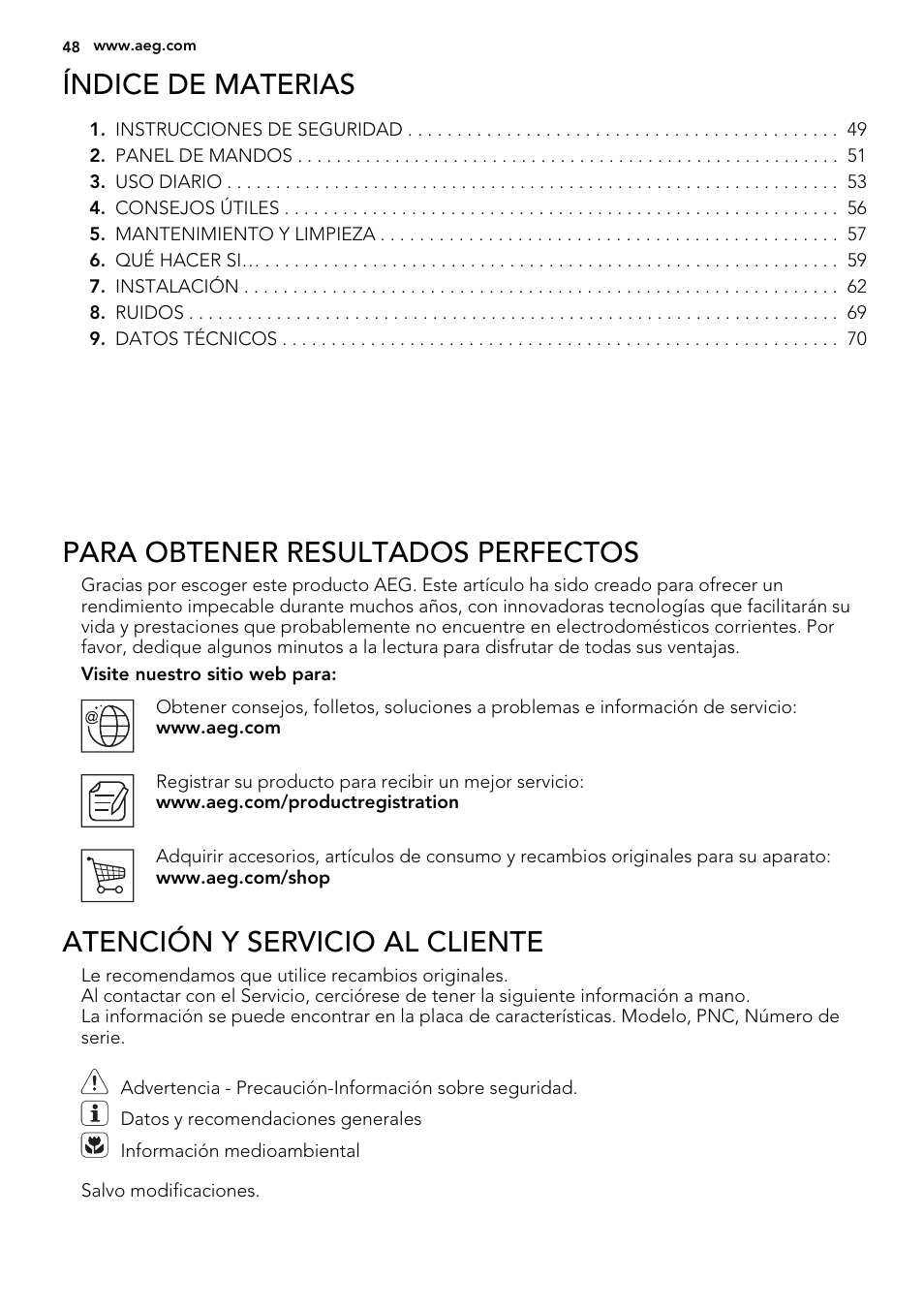 Índice de materias, Para obtener resultados perfectos, Atención y servicio al cliente | AEG SKD81800F0 User Manual | Page 48 / 72