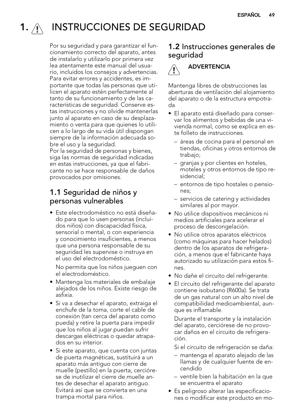 Instrucciones de seguridad, 1 seguridad de niños y personas vulnerables, 2 instrucciones generales de seguridad | AEG SKD81800F0 User Manual | Page 49 / 72