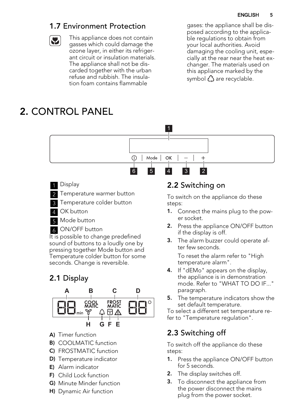 Control panel, 7 environment protection, 1 display | 2 switching on, 3 switching off | AEG SKD81800F0 User Manual | Page 5 / 72