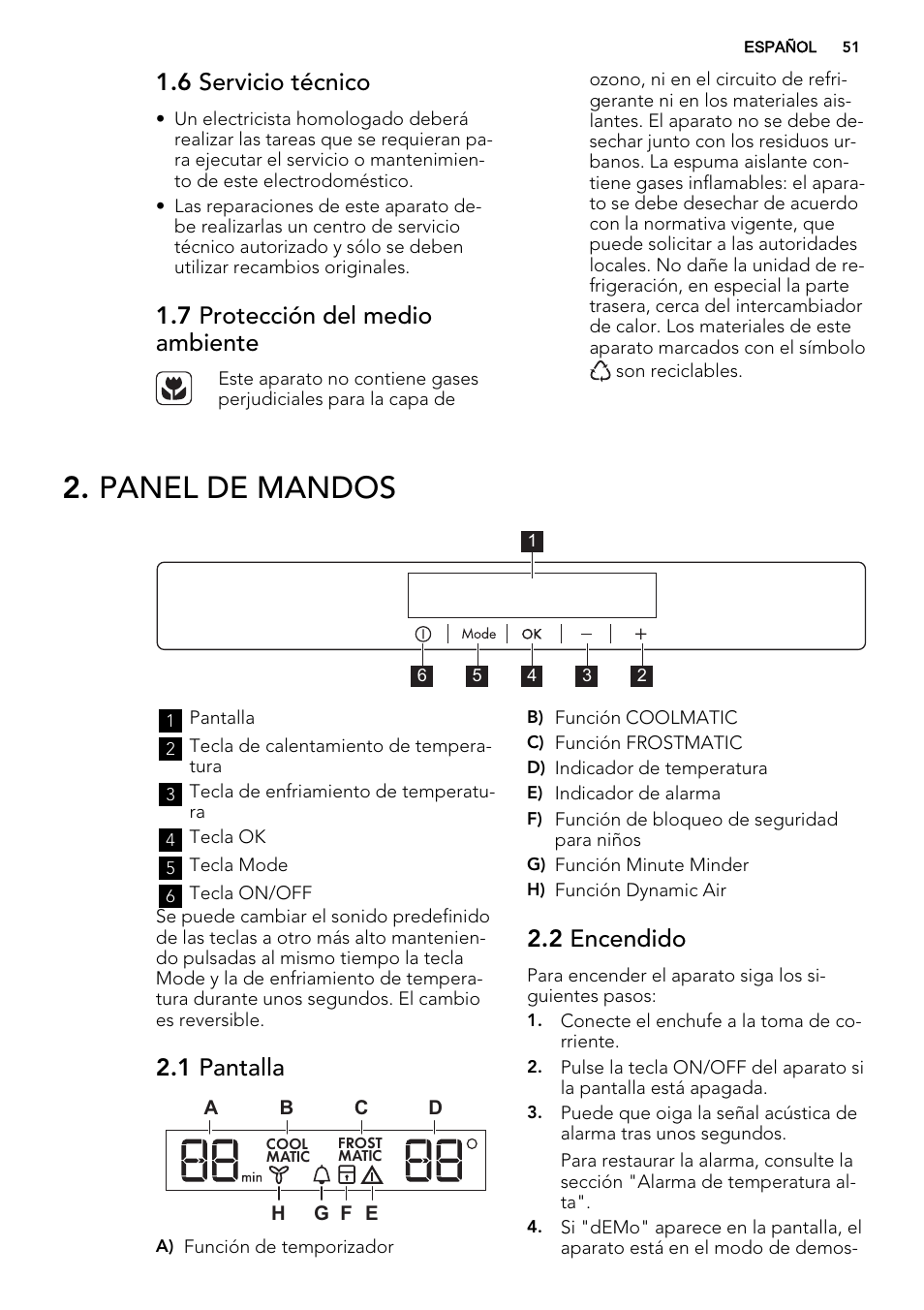 Panel de mandos, 6 servicio técnico, 7 protección del medio ambiente | 1 pantalla, 2 encendido | AEG SKD81800F0 User Manual | Page 51 / 72