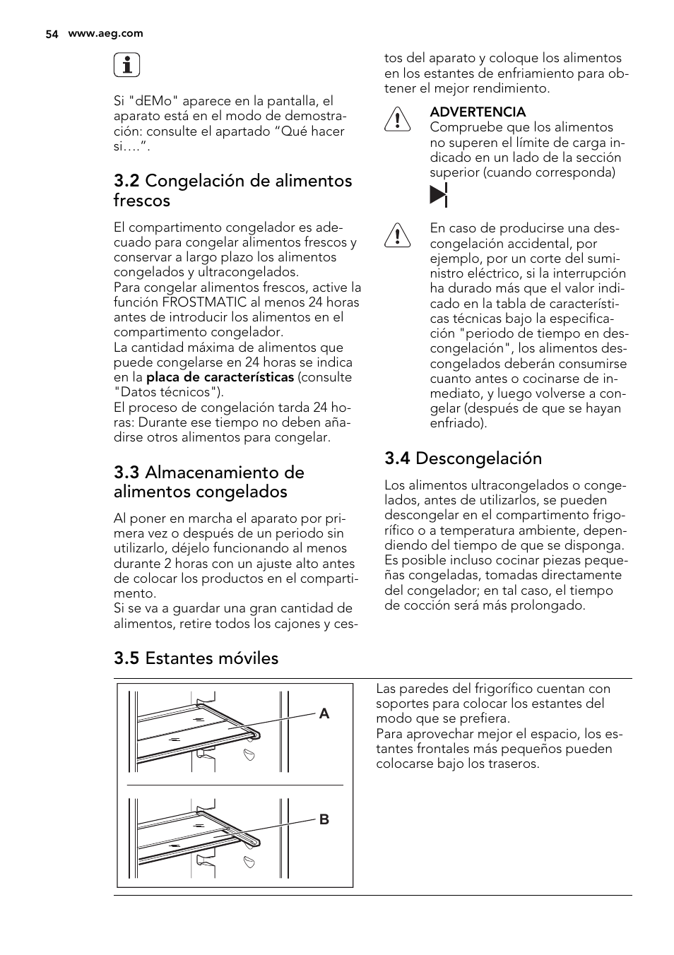 2 congelación de alimentos frescos, 3 almacenamiento de alimentos congelados, 4 descongelación | 5 estantes móviles | AEG SKD81800F0 User Manual | Page 54 / 72
