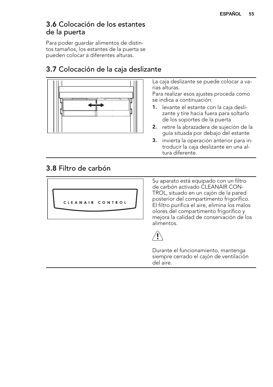 6 colocación de los estantes de la puerta, 7 colocación de la caja deslizante, 8 filtro de carbón | AEG SKD81800F0 User Manual | Page 55 / 72