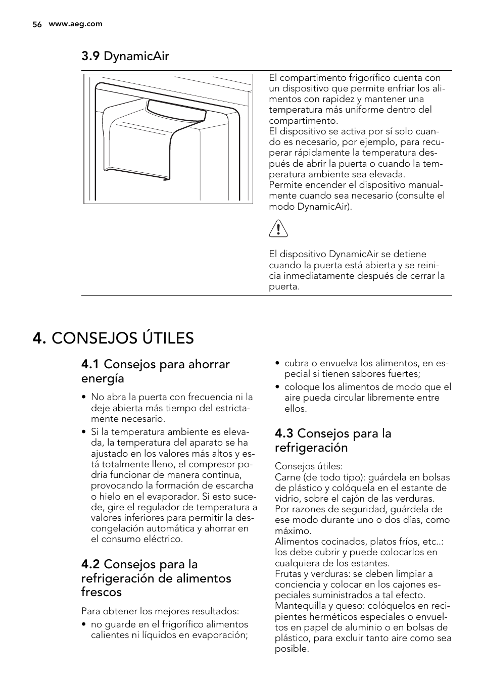 Consejos útiles, 9 dynamicair, 1 consejos para ahorrar energía | 3 consejos para la refrigeración | AEG SKD81800F0 User Manual | Page 56 / 72