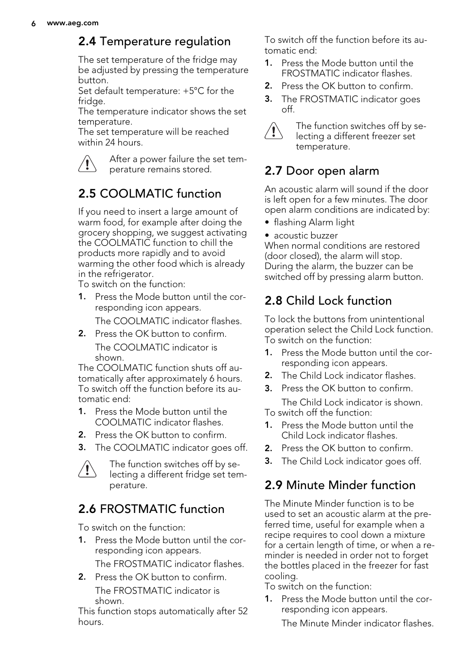4 temperature regulation, 5 coolmatic function, 6 frostmatic function | 7 door open alarm, 8 child lock function, 9 minute minder function | AEG SKD81800F0 User Manual | Page 6 / 72