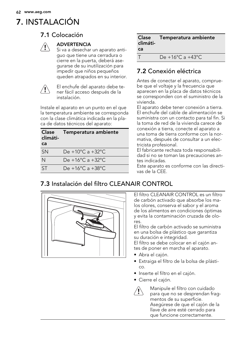 Instalación, 1 colocación, 2 conexión eléctrica | 3 instalación del filtro cleanair control | AEG SKD81800F0 User Manual | Page 62 / 72
