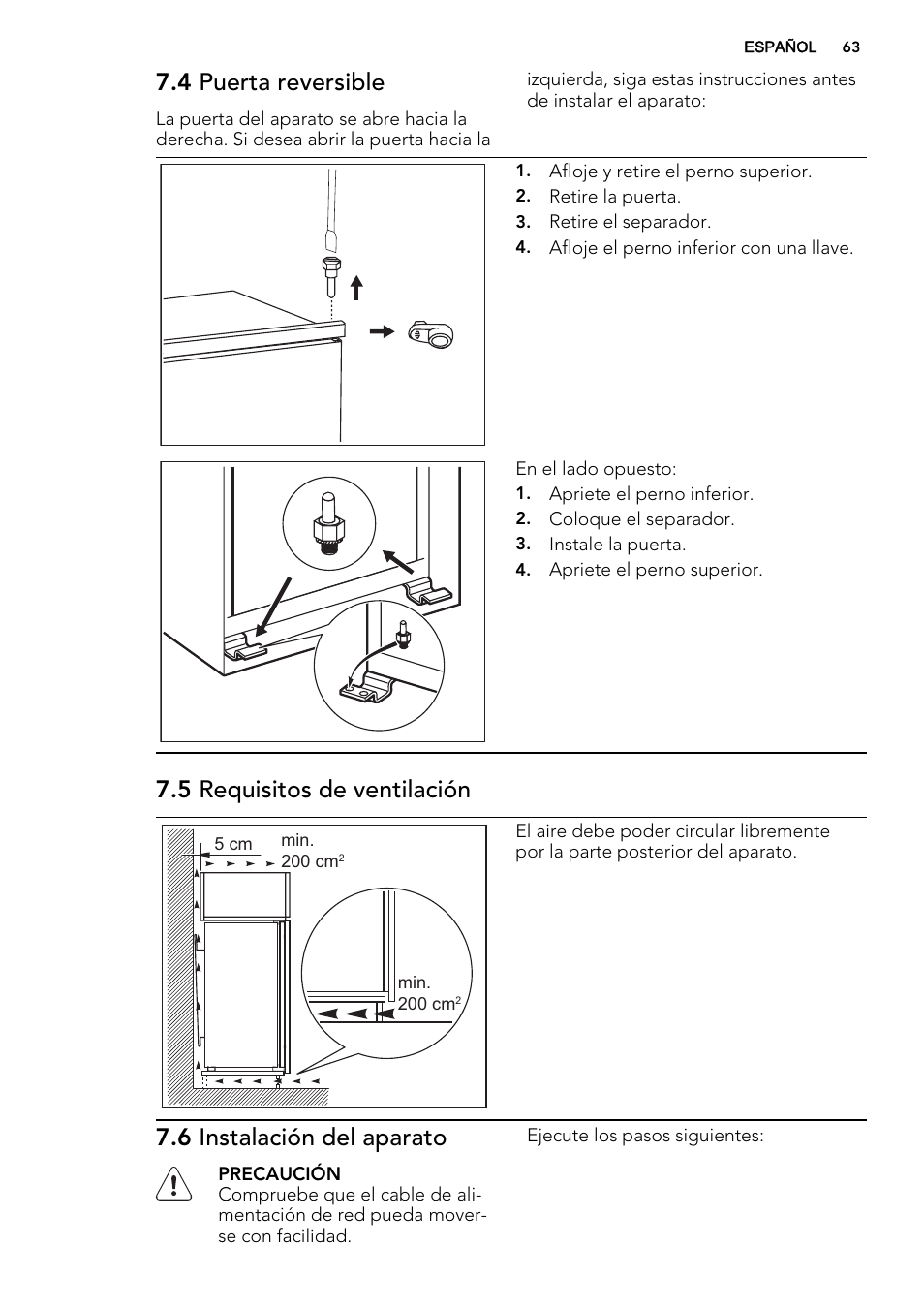 4 puerta reversible, 5 requisitos de ventilación, 6 instalación del aparato | AEG SKD81800F0 User Manual | Page 63 / 72