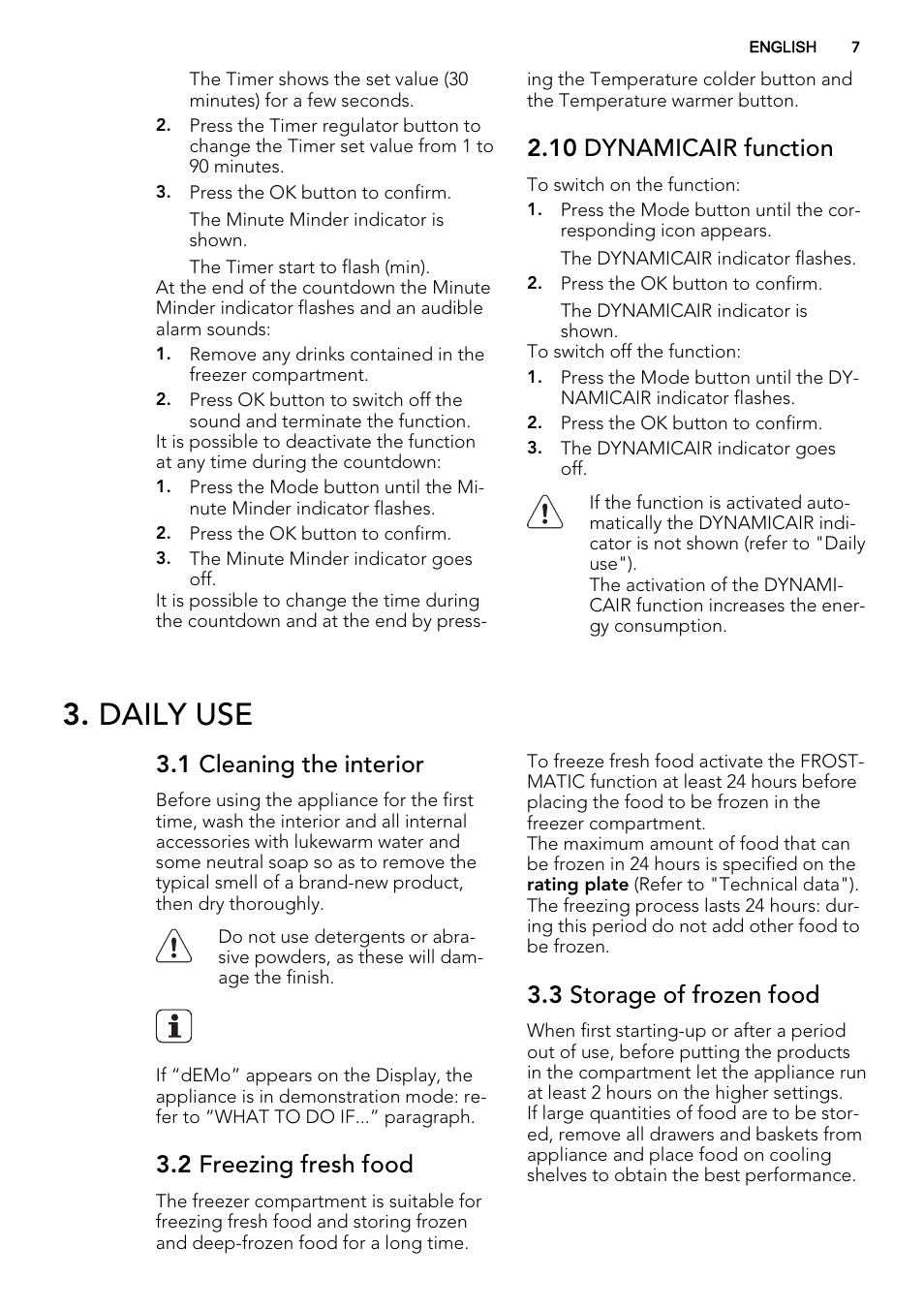Daily use, 10 dynamicair function, 1 cleaning the interior | 2 freezing fresh food, 3 storage of frozen food | AEG SKD81800F0 User Manual | Page 7 / 72