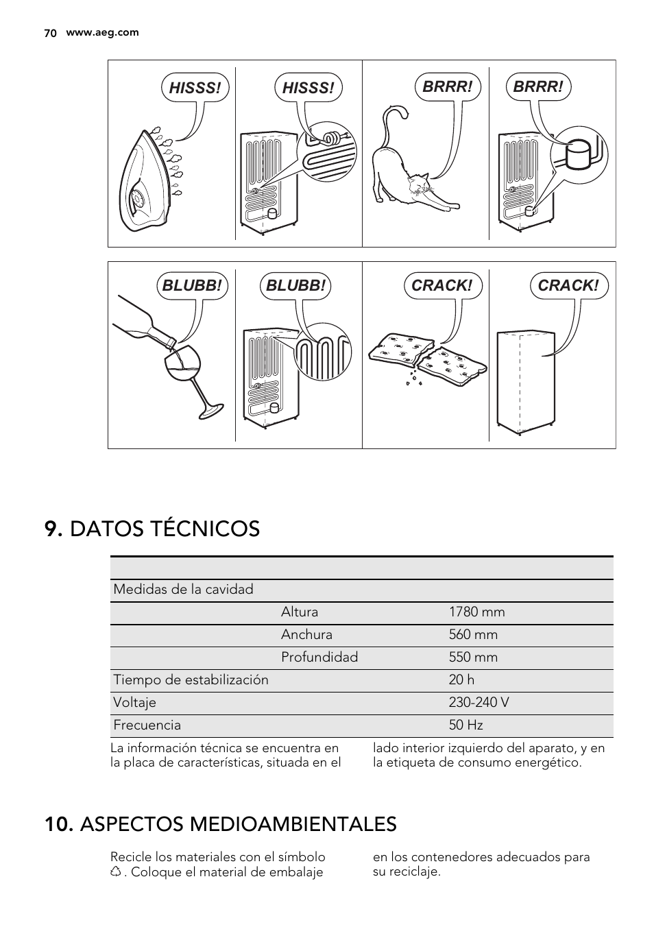 Datos técnicos, Aspectos medioambientales | AEG SKD81800F0 User Manual | Page 70 / 72