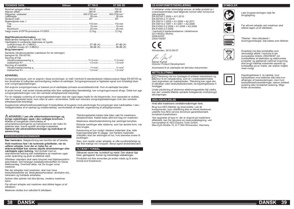 Dansk | AEG ST 800 XE User Manual | Page 20 / 41