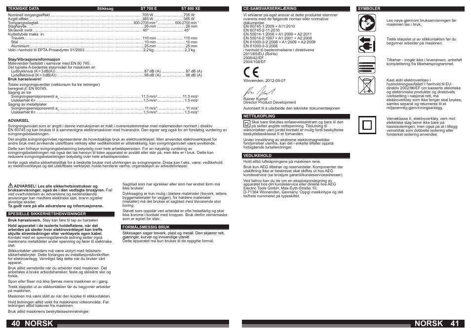 Norsk | AEG ST 800 XE User Manual | Page 21 / 41