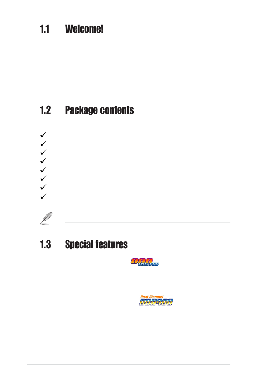 1 welcome, 2 package contents, 3 special features | Asus P4P800-X User Manual | Page 12 / 72