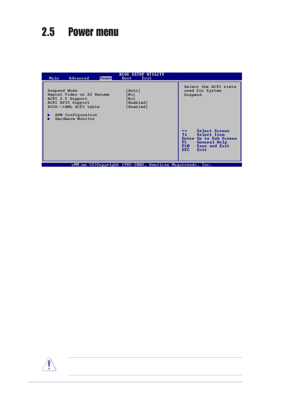 5 power menu, 1 suspend mode [auto, 2 repost video on s3 resume [no | 3 acpi 2.0 support [no, 4 acpi apic support [enabled, 5 bios -> aml acpi table [enabled | Asus P4P800-X User Manual | Page 60 / 72