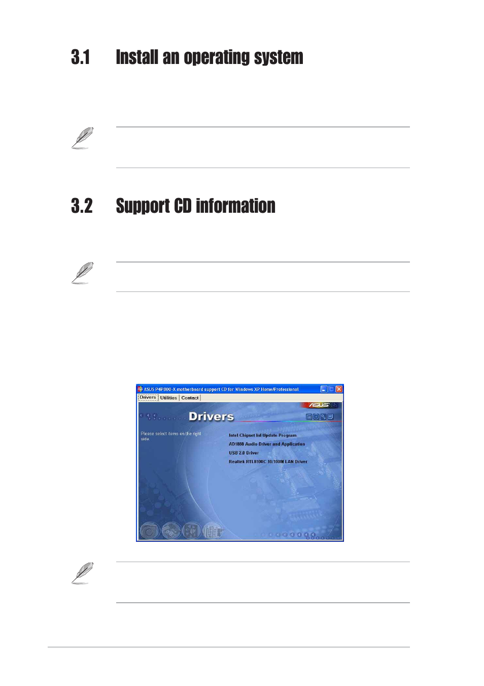 1 install an operating system, 2 support cd information, 1 running the support cd | Asus P4P800-X User Manual | Page 70 / 72