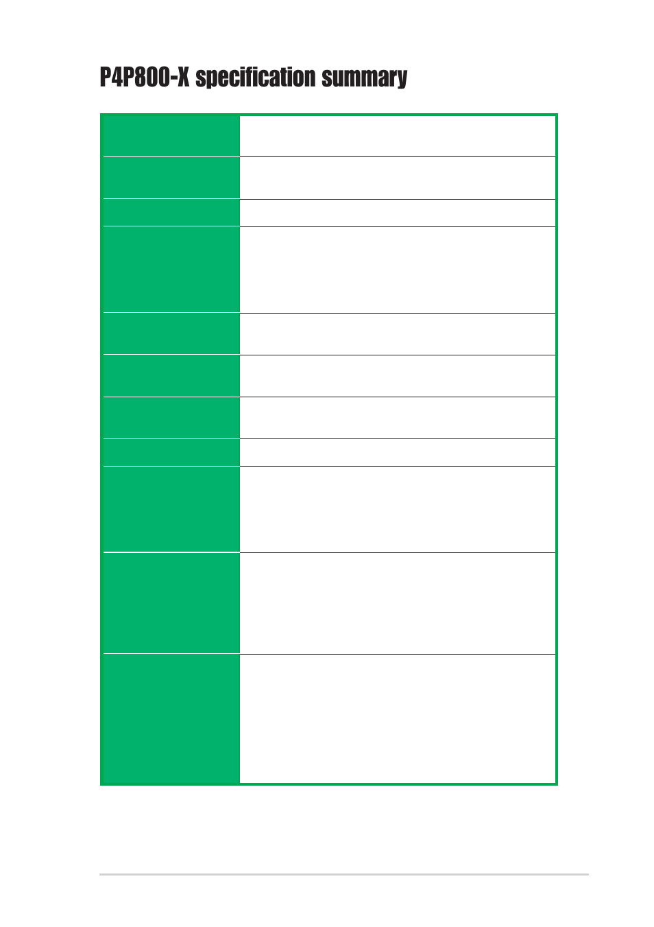 P4p800-x specification summary | Asus P4P800-X User Manual | Page 9 / 72