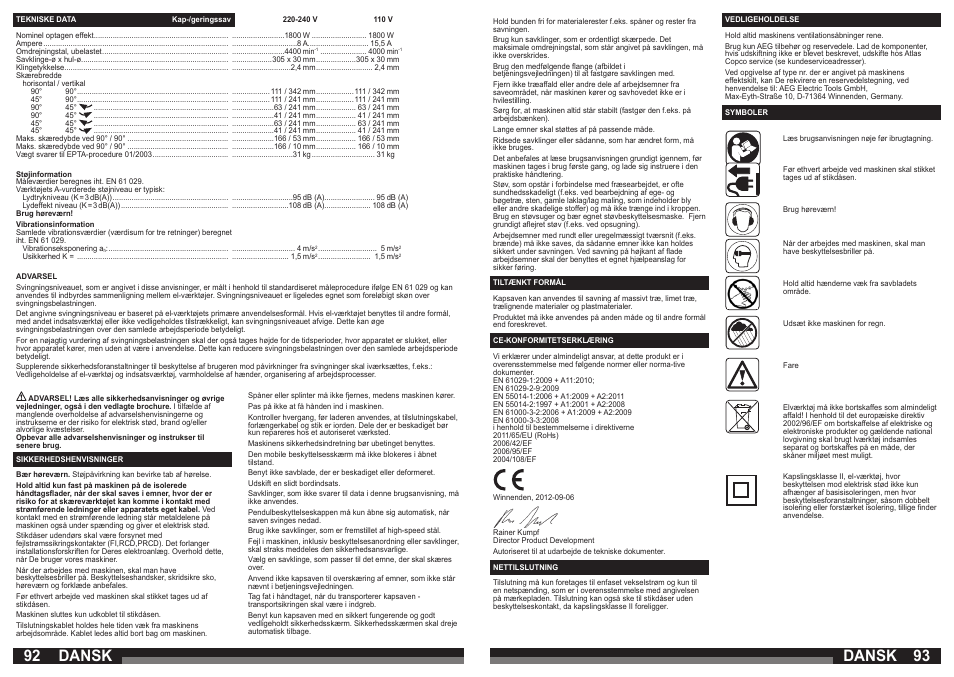 Dansk | AEG PS 305 DG User Manual | Page 47 / 107