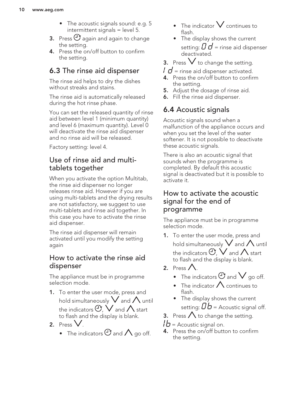 3 the rinse aid dispenser, Use of rinse aid and multi-tablets together, How to activate the rinse aid dispenser | 4 acoustic signals, Use of rinse aid and multi- tablets together | AEG F76520VI0P User Manual | Page 10 / 56