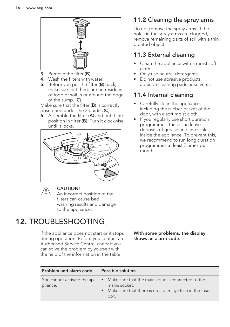 2 cleaning the spray arms, 3 external cleaning, 4 internal cleaning | Troubleshooting | AEG F76520VI0P User Manual | Page 16 / 56