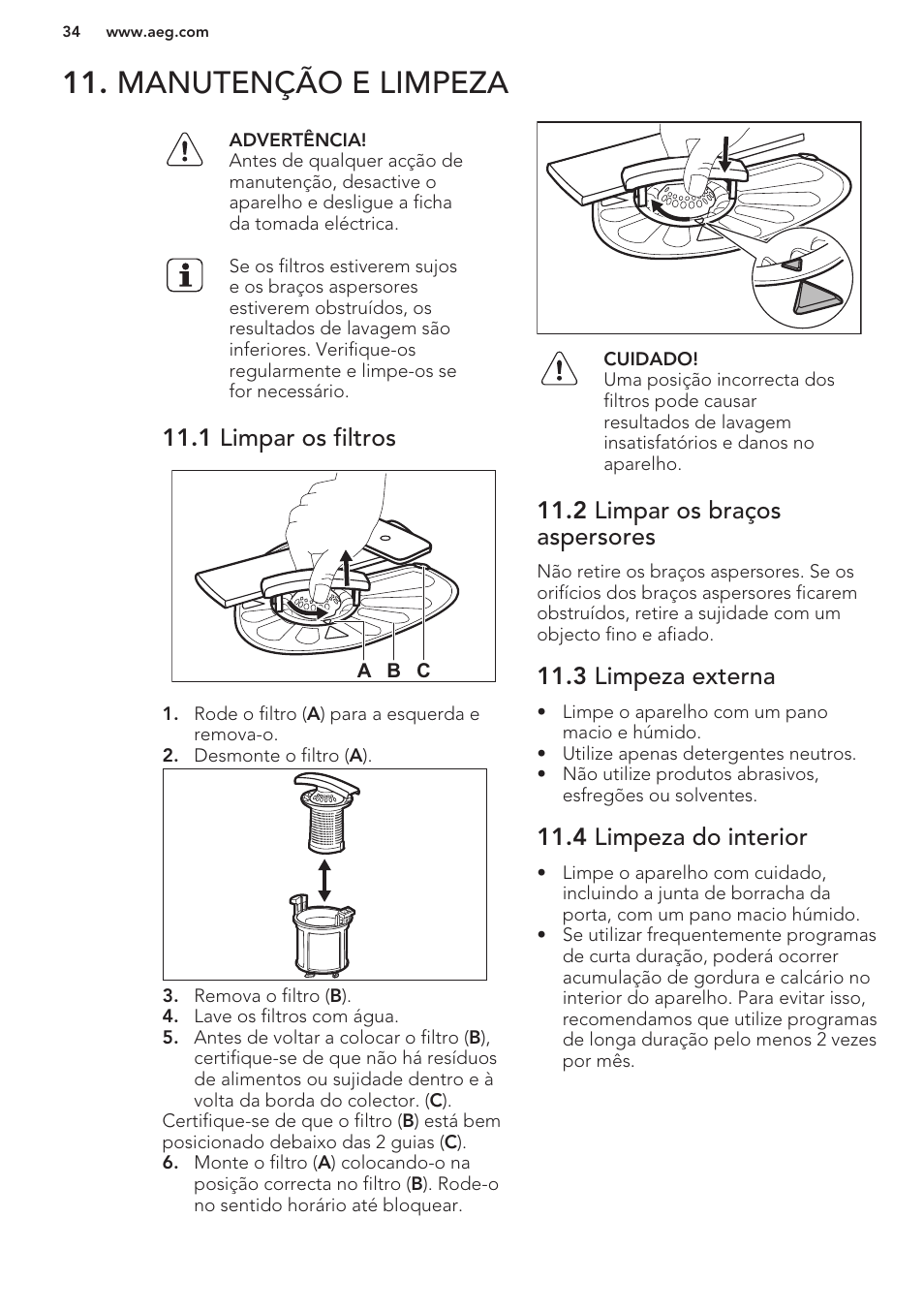Manutenção e limpeza, 1 limpar os filtros, 2 limpar os braços aspersores | 3 limpeza externa, 4 limpeza do interior | AEG F76520VI0P User Manual | Page 34 / 56